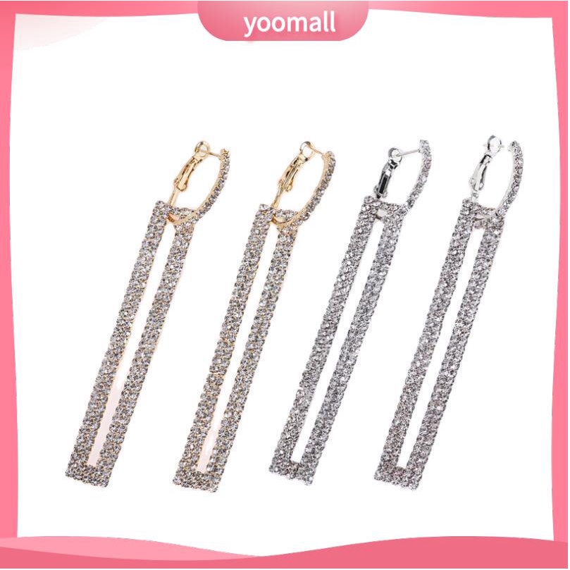 [YM] Bông Tai Dài Hình Chữ Nhật Rỗng Đính Kim Cương Pha Lê Phong Cách Hàn Quốc