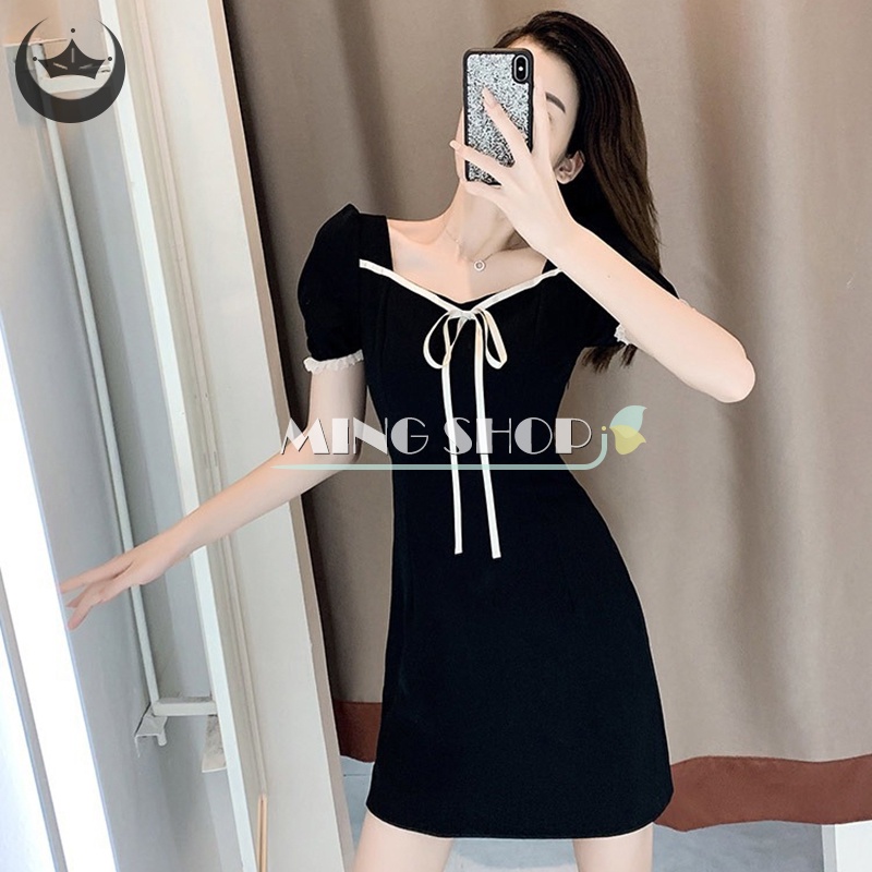 Đầm Nữ Ngắn Tay Màu Đen Cột Dây Thanh Lịch Thời Trang Mùa Hè