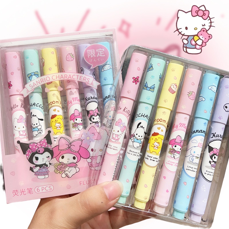 Hộp 6 Bút Đánh Dấu Mèo Hello Kittys Y2K Sanrio Highlight Kawaii Cinnamoroll Kuromi Đáng Yêu Nhiều Màu Dành Cho Bé Gái