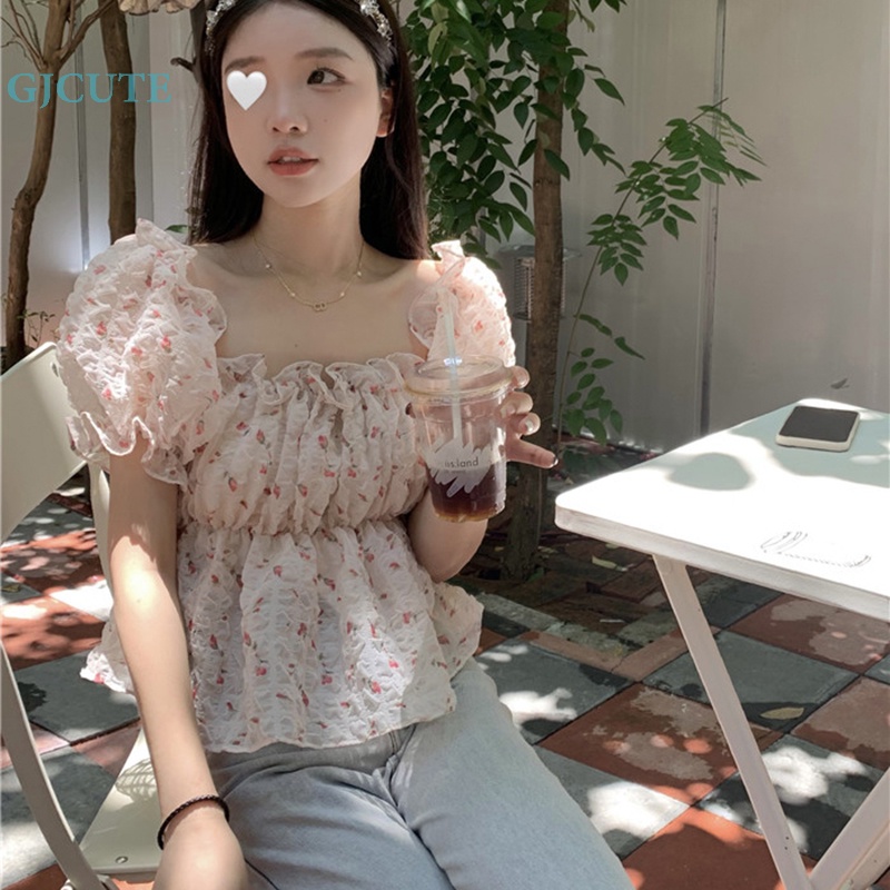 Áo Kiểu Trễ Vai Tay Ngắn Phối Bèo Họa Tiết Hoa Thời Trang Mùa Hè Cho Nữ