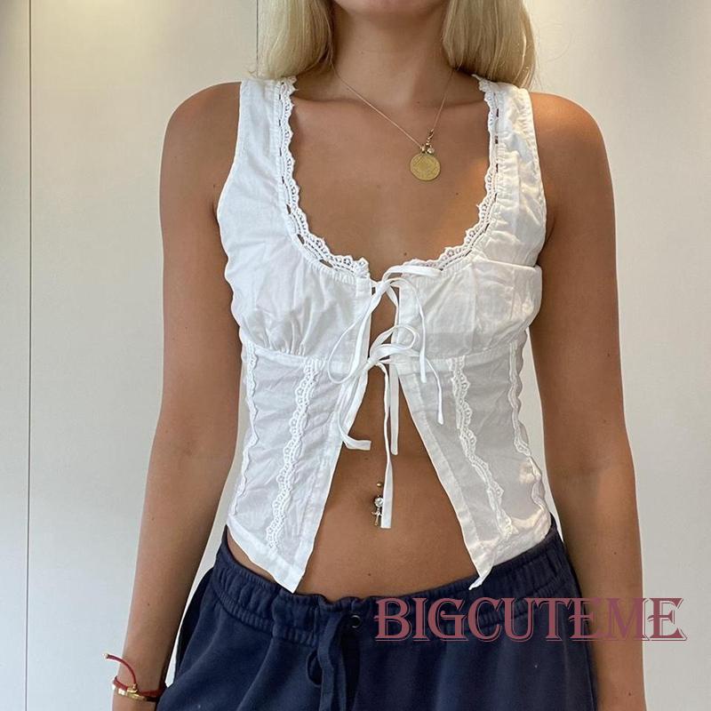 [] Áo Tank Top Không Tay Thắt Dây Phía Trước Dáng Ôm Màu Trắng Thời Trang Đường Phố Mùa Hè Cho Nữ