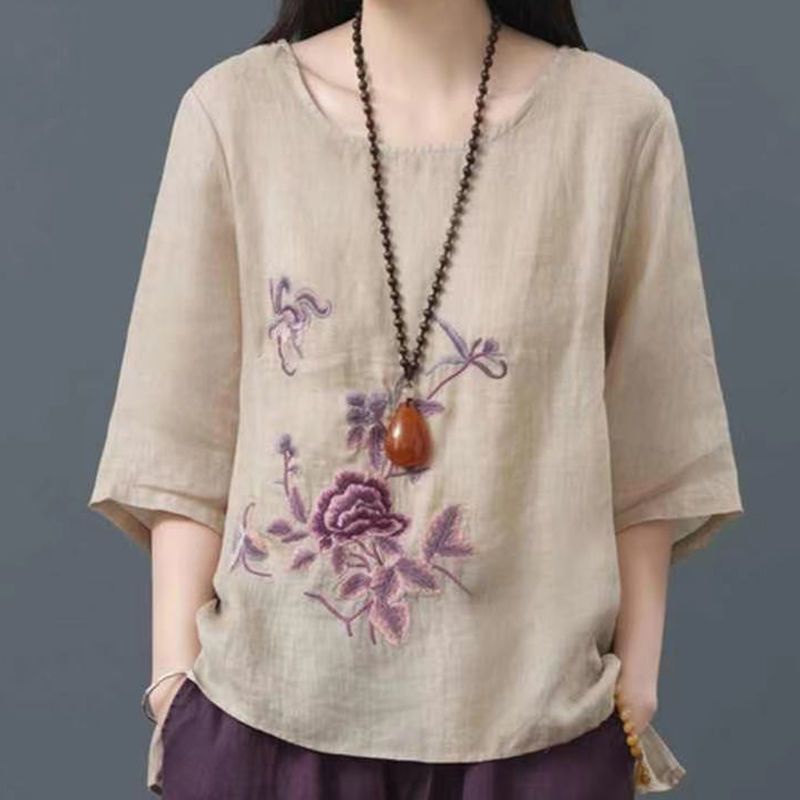 Áo Thun Cotton Lanh Mỏng Dáng Rộng Thêu Họa Tiết Dân Tộc Phong Cách Retro Mùa Hè Dành Cho Nữ