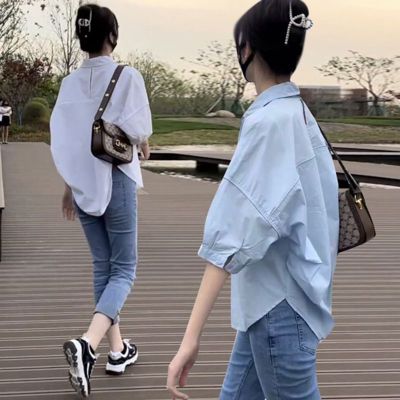 Áo Sơ Mi Cotton Mỏng Tay Lửng Dáng Rộng Thời Trang Mùa Hè Kiểu Mới Đơn Giản Dễ Phối Đồ Cho Nữ