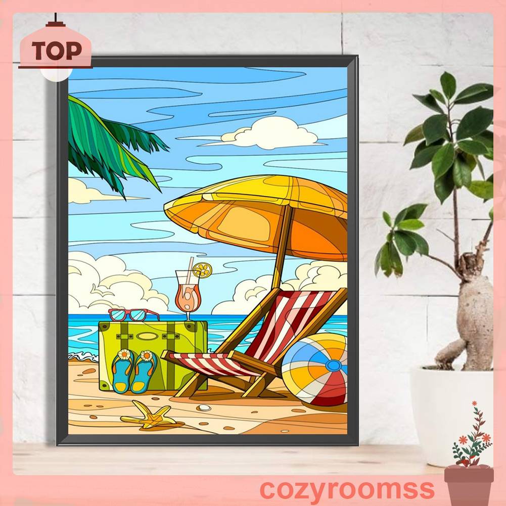 Tranh Đính Đá Kim Cương Toàn Bộ 5D DIY Hình Vẽ Ghế Bãi Biển Trang Trí Nhà Cửa