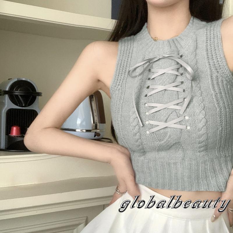 Áo Croptop Dệt Kim Sát Nách Cổ Tròn Màu Sắc Đơn Giản Cho Nữ