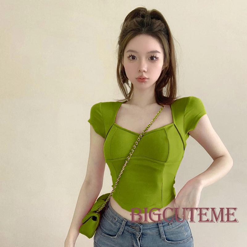 [] Áo Thun Crop Top Hở Lưng Có Đệm Mút Dây Chéo Màu Trơn Mùa Hè Đáng Yêu Có Thể Co Giãn Cho Nữ
