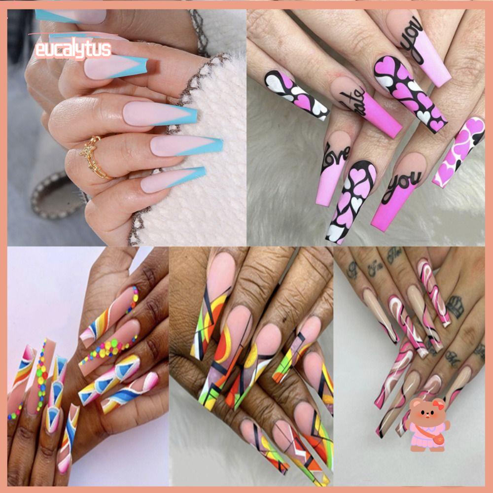 EUTUS Bộ Móng Tay Giả Họa Tiết Sọc Màu Cầu Vồng Xinh Xắn