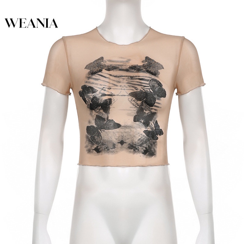 Áo Lưới Tay Ngắn Xuyên Thấu In Họa Tiết Bươm Bướm Cho Nữ