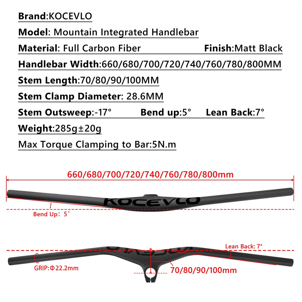 Tay Lái Xe Đạp Màu Đen Nhám Bằng Sợi Carbon Kominelo Xoay 17 Độ 28.6mm