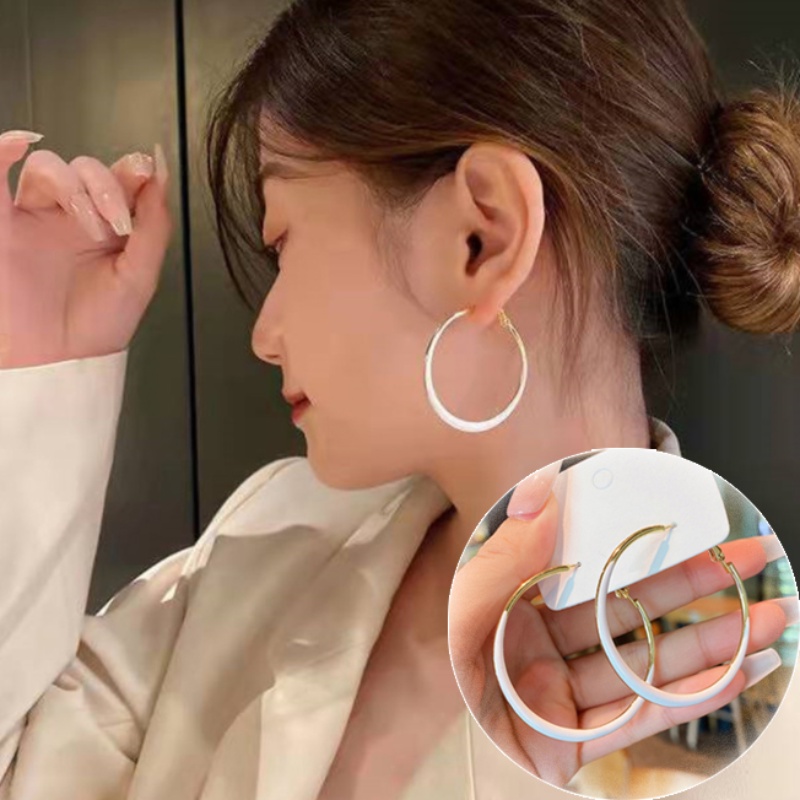 Bông Tai Dạng Khoen Tròn Lớn Màu Vàng Trắng Thời Trang Cho Nữ