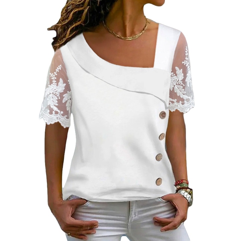 Áo Thun Tay Ngắn Cổ Chữ V Phối Ren Dáng Rộng Thời Trang Mùa Hè Cho Nữ