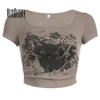 VesGlory Nữ Crop Top Thời Trang Phong Cách Retro In Hình Cổ Chữ U Tay NgắnSlim Fit Áo Thun Everyday