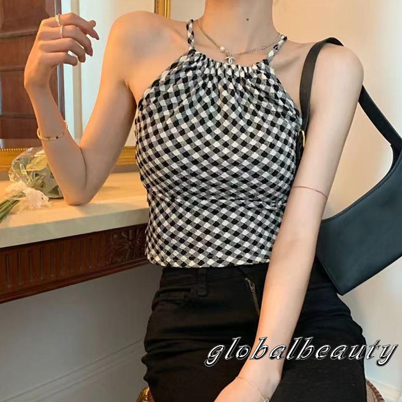 Áo Croptop Hai Dây Hở Lưng Họa Tiết Kẻ Sọc Thời Trang Mùa Hè Cho Nữ