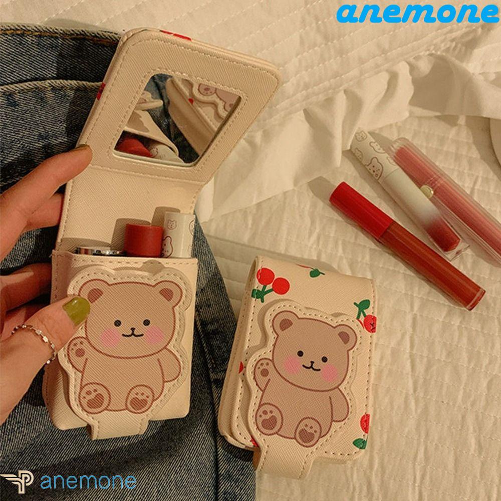 ANEMONE Túi Đựng Mỹ Phẩm Mini Bằng Da Pu Có Gương Hình Gấu Dễ Thương