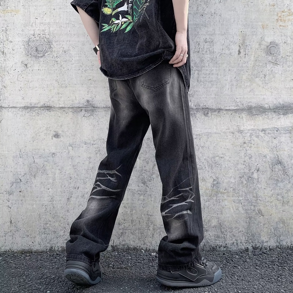 Quần Jean Dài Dáng Rộng Màu Đen Phong Cách Hip Hop Đường Phố Mỹ Cá Tính Cho Nam