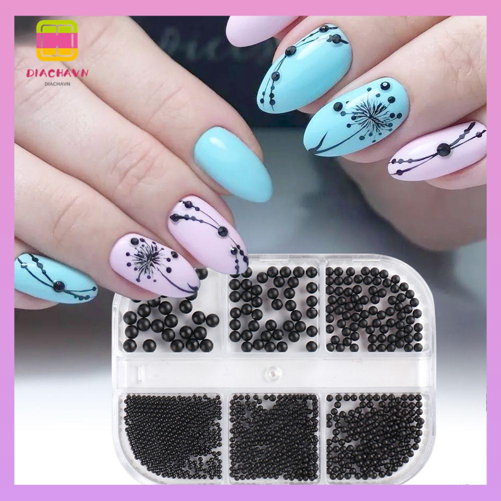 DIACHAVN Hộp 6 Ngăn Phụ Kiện Trang Trí Móng Tay 1-3mm Màu Đen