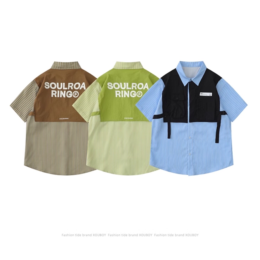 Áo Sơ Mi Giả Hai Lớp Tay Ngắn Kẻ Sọc Màu Sắc Tương Phản Phong Cách Retro Dành Cho Nam Giới