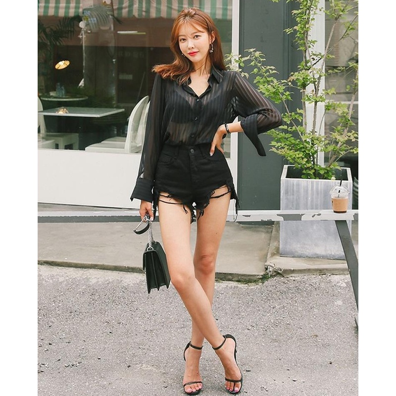 Áo Sơ Mi Vải Lụa Satin Màu Đen Xuyên Thấu Kẻ Sọc Gợi Cảm Thời Trang 2023 Cho Bạn Gái