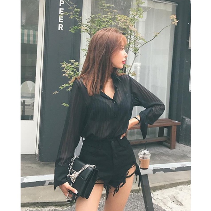 Áo Sơ Mi Vải Lụa Satin Màu Đen Xuyên Thấu Kẻ Sọc Gợi Cảm Thời Trang 2023 Cho Bạn Gái