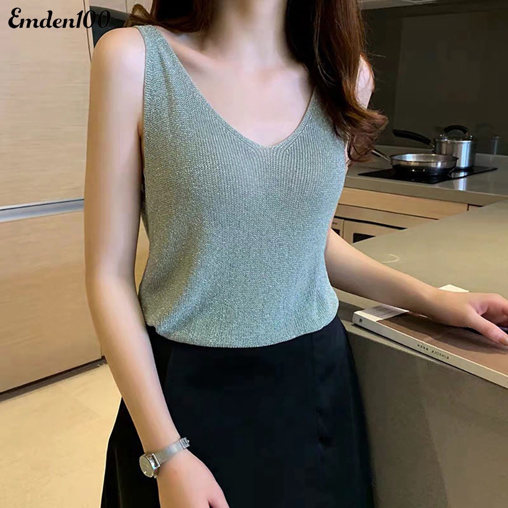 [EMDEN] Áo Tank Top Dệt Kim Cổ Chữ V Ôm Dáng Màu Trơn Gợi Cảm Mùa Hè Cho Nữ