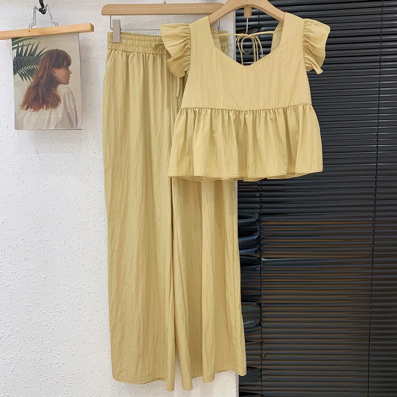 Bộ Áo Sơ Mi Tay Cánh Tiên + Quần Dài Ống Rộng Thời Trang Mùa Hè Hàng Mới Dành Cho Bạn Nữ