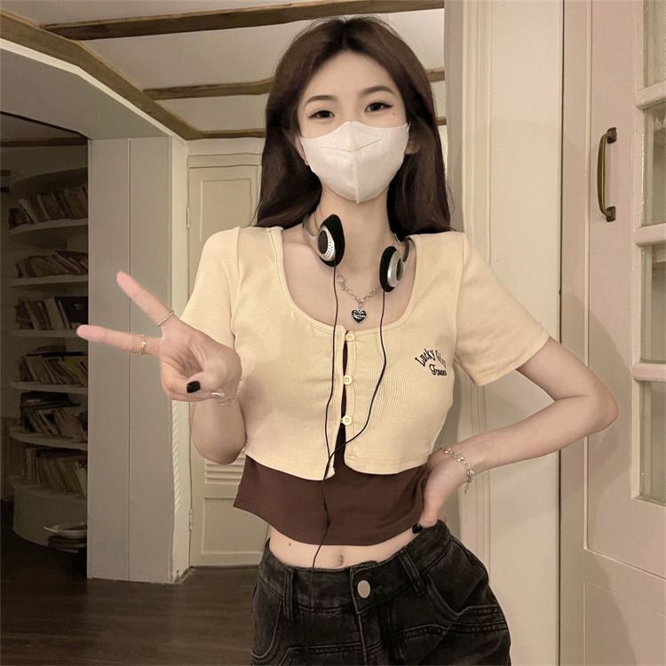 Áo Thun Ngắn Tay Giả Hai Lớp In Họa Tiết Phong Cách Retro Mỹ Cho Nữ