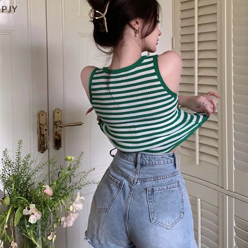 Áo Dệt Kim Không Tay Cổ Tròn Họa Tiết Kẻ Sọc Gợi Cảm Cho Nữ PJ