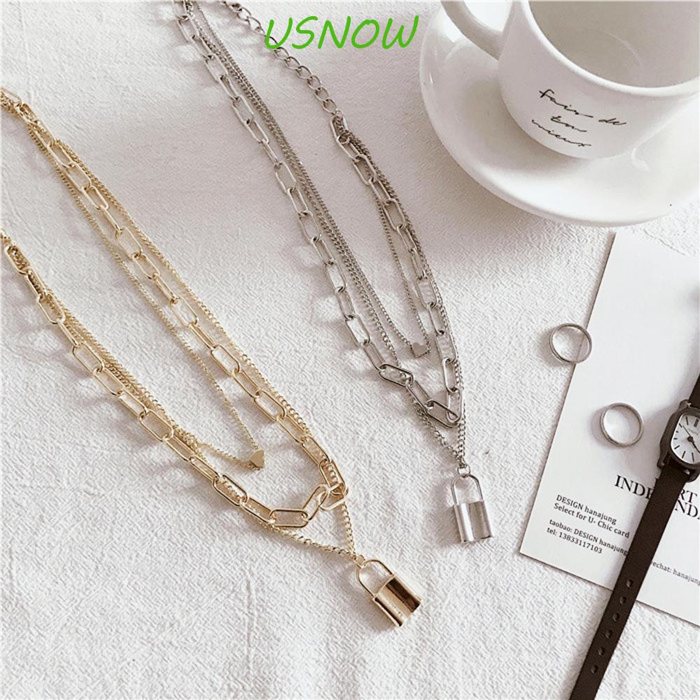 USNOW Vòng cổ Nhiều Lớp Mặt Ổ Khóa Trái Tim Phong Cách Steampunk