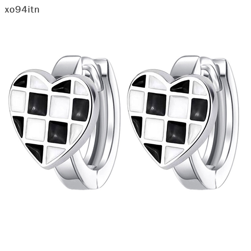 1 Đôi Bông Tai Bạc Hình Trái Tim Họa Tiết Sọc Caro Trắng Đen Sáng Tạo Dành Cho Nữ