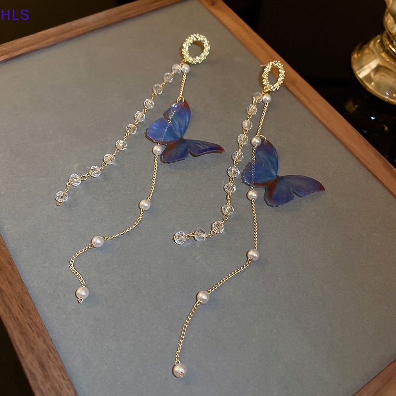 1 Đôi Bông Tai Dài Hình Bướm Và Ngọc Trai Màu Xanh Dương Lãng Mạn Dành Cho Nữ