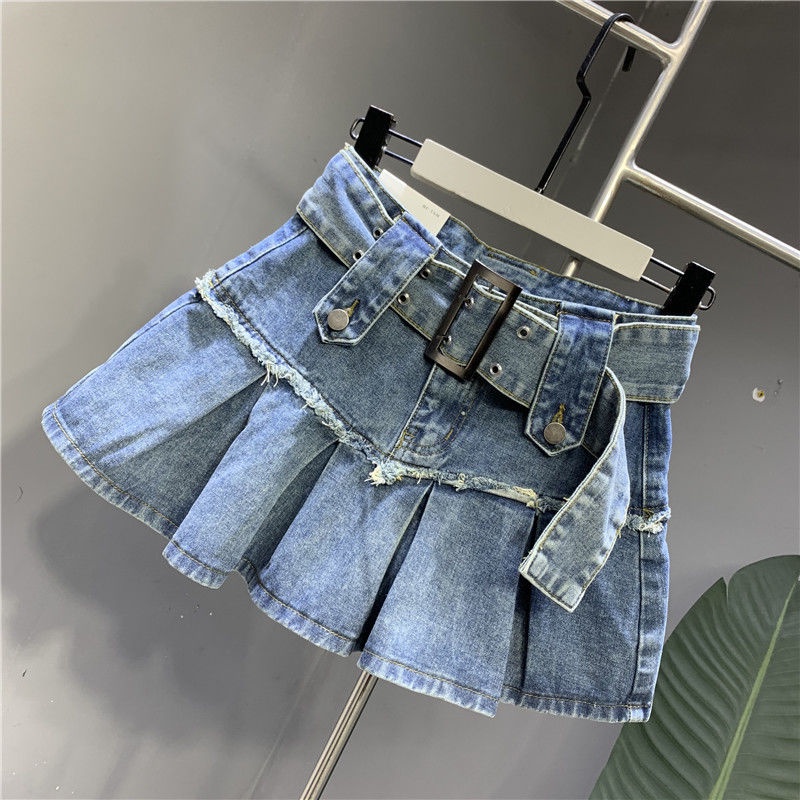 Chân Váy Denim Dáng Chữ a Xếp Ly Màu Xanh Dương Nhạt Phong Cách Retro Thời Trang Mùa Xuân 2023 Mới