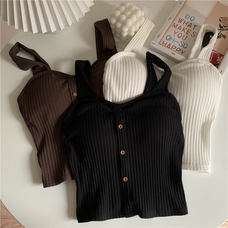 Áo Croptop Dệt Kim Hai Dây Co Giãn Thời Trang Mùa Hè Cho Nữ Đen