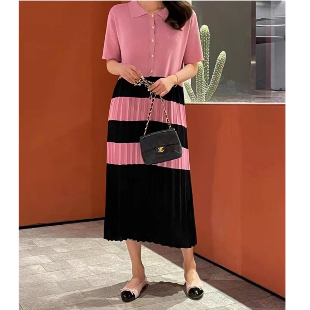 Đầm Polo Dệt Kim Tay Ngắn Kẻ Sọc Màu Sắc Trẻ Trung
