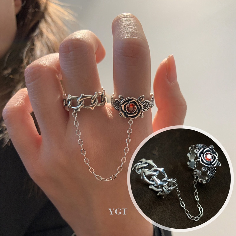 Ygt Nhẫn Đính Đá Zircon Đỏ Hình Hoa Phối Dây Xích Tua Rua Thời Trang Vintage Cho Nữ