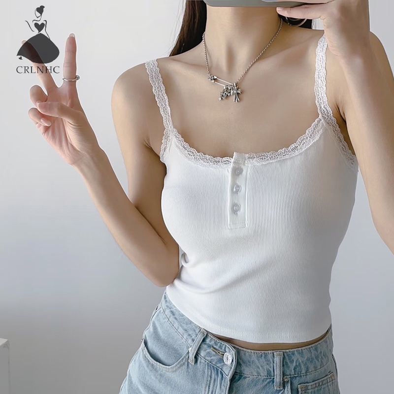 Áo Hai Dây Phối Ren Màu Trơn Quyến Rũ Thời Trang Mùa Hè Cho Nữ