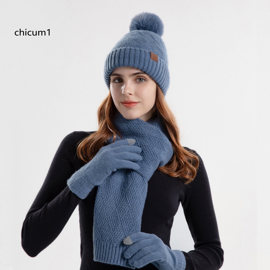 Cc 1 Set Mũ Khăn Quàng Cổ + Găng Tay + Găng Tay Lót Lông Giữ Ấm Mùa Đông Màu Trơn Thoải Mái Dành Cho Nữ