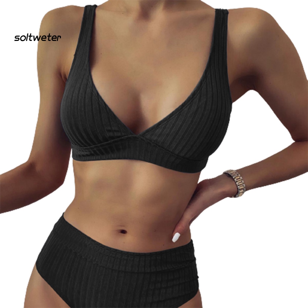 Bộ Đồ Bơi Bikini Hai Mảnh Cổ Chữ V Sâu Màu Trơn Có Gân Và Quần Lót Dành Cho Bạn Nữ Mặc Mùa Hè