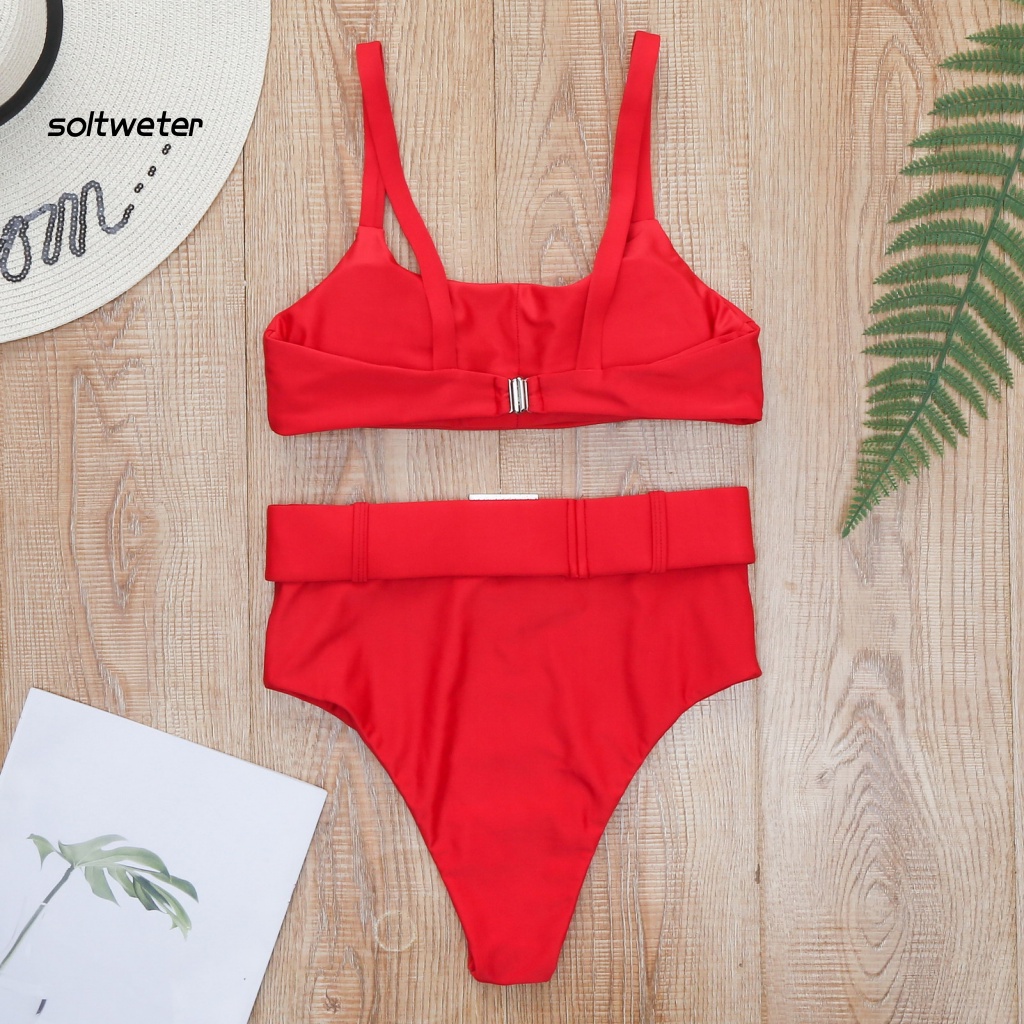 Bộ Đồ Bơi 2 Mảnh Không Tay Lưng Cao Màu Sắc Đơn Giản Cho Nữ