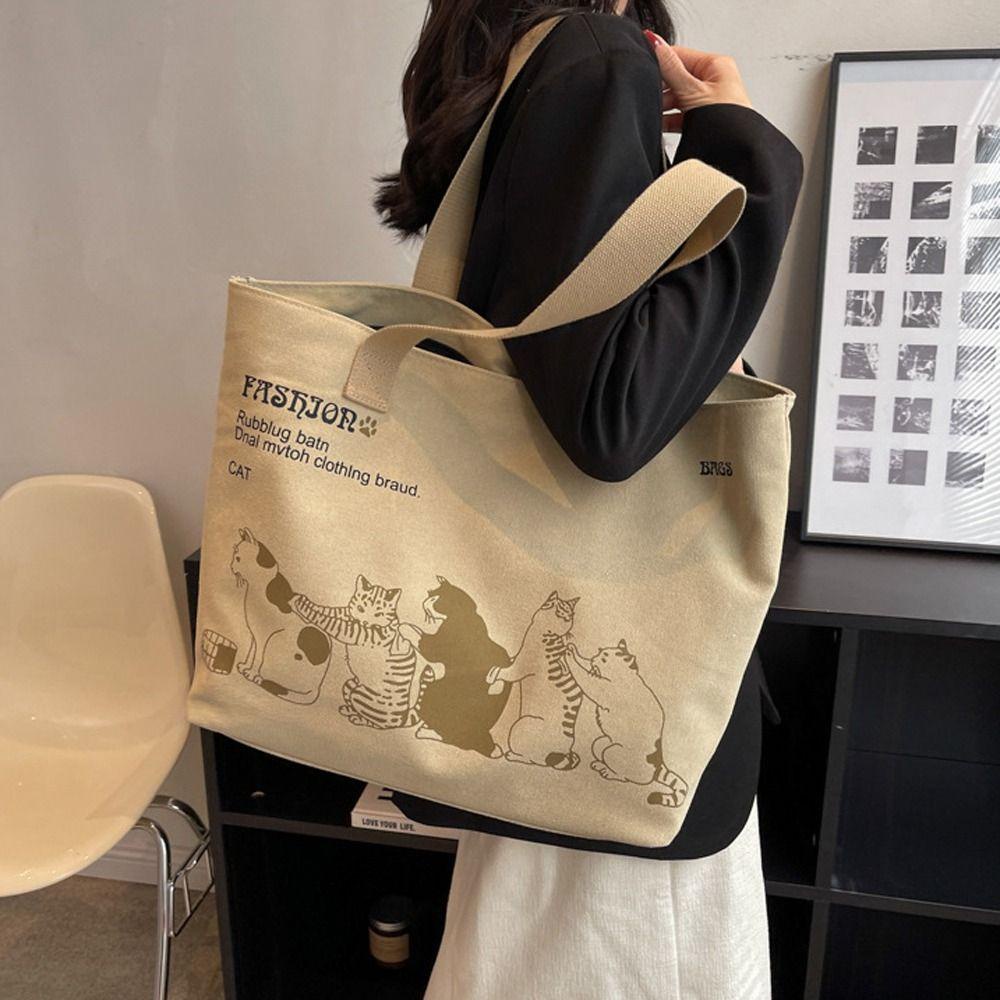 BLISS Túi Tote Vải Canvas In Hình Mèo Phong Cách Nhật Bản Tinh Tế Dễ Phối Đồ Cho Du Lịch