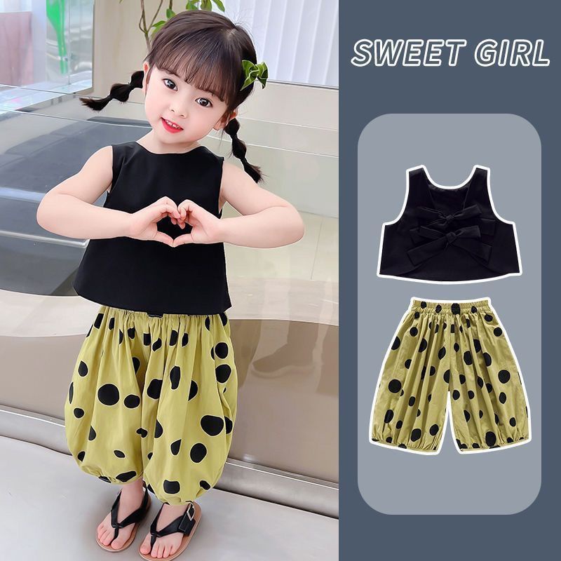 Hàng Mới Về Mới Set Áo Dây Chấm Bi + Áo Khoác Không Tay + Quần Short Thời Trang Mùa Hè Cho Bé Gái