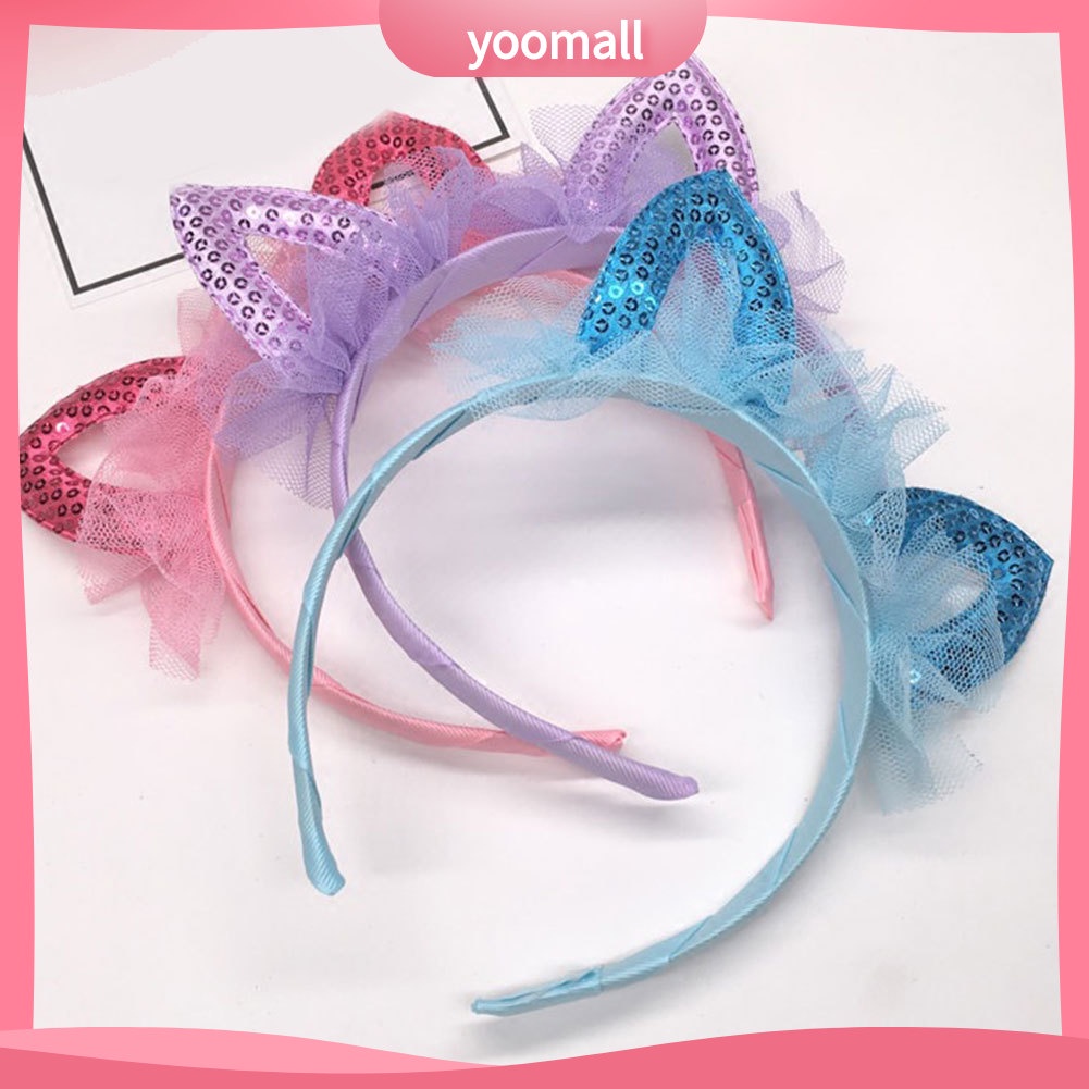 Băng Đô Cài Tóc Hình Tai Mèo Bằng Vải Gạc Đính Kim Sa Dễ Thương Cho Bé Gái