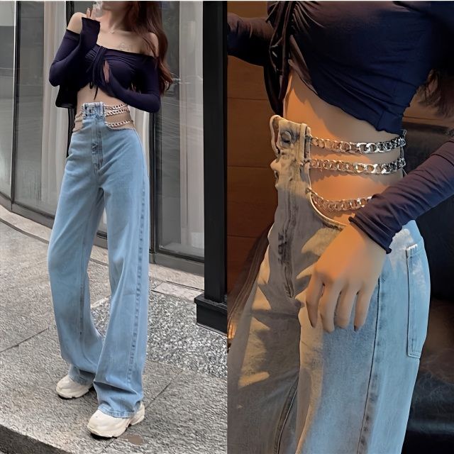 Quần Jean Lưng Cao Ống Rộng Phối Dây Xích Thời Trang Hàn Quốc Cá Tính Cho Nữ
