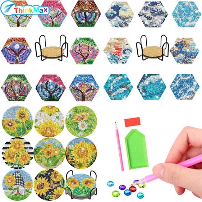 Bộ 8 Đế Lót Ly Hình Hoa Hướng Dương Đính Đá Thủ Công Kèm Giá Đỡ Tiện Dụng Cho Người Mới Bắt Đầu