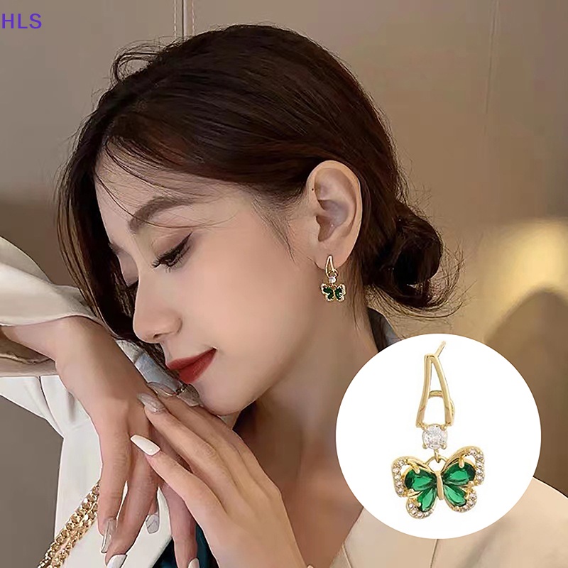 1 Đôi Bông Tai Hình Bướm Đính Đá Zircon Màu Xanh Lá Cây Phong Cách Vintage Thời Trang Dành Cho Nữ