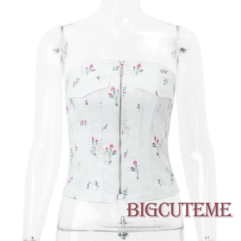 Áo Ống Có Khóa Kéo In Hoa Hở Vai Thời Trang Mùa Hè Dành Cho Nữ