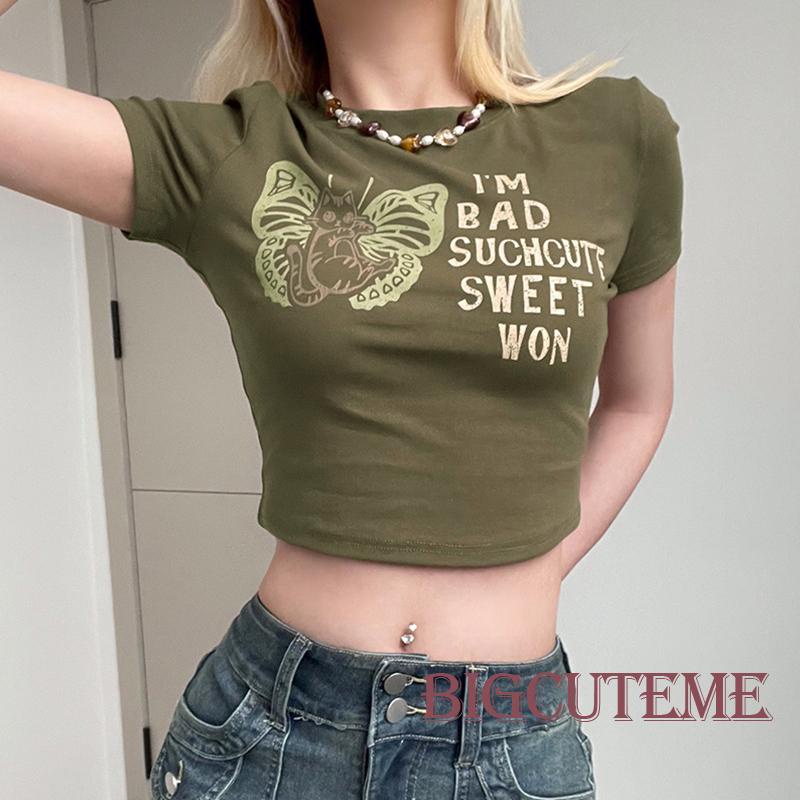 Áo Thun Crop Top Tay Ngắn In Họa Tiết Bướm Và Chữ Phong Cách Đường Phố Thời Trang Mùa Hè Cho Nữ
