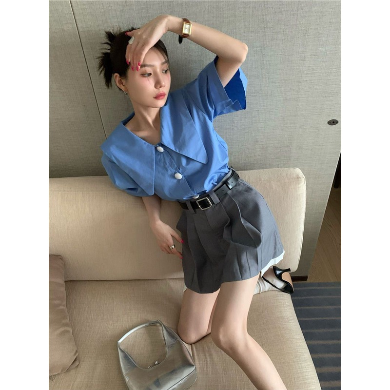 Bộ Áo Sơ Mi Tay Phồng + Chân Váy Xếp Ly Lưng Cao Phong Cách Pháp Thời Trang Mùa Hè Cho Nữ