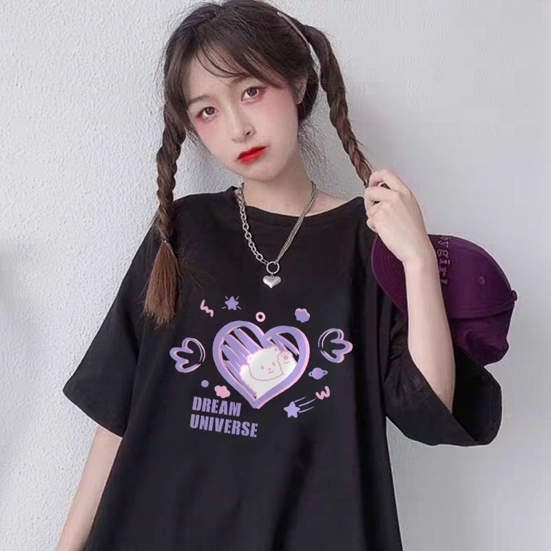 Áo Thun Tay Ngắn Dáng Rộng Màu Đen In Hình Trái Tim Thời Trang Mùa Hè Xinh Xắn Cho Nữ