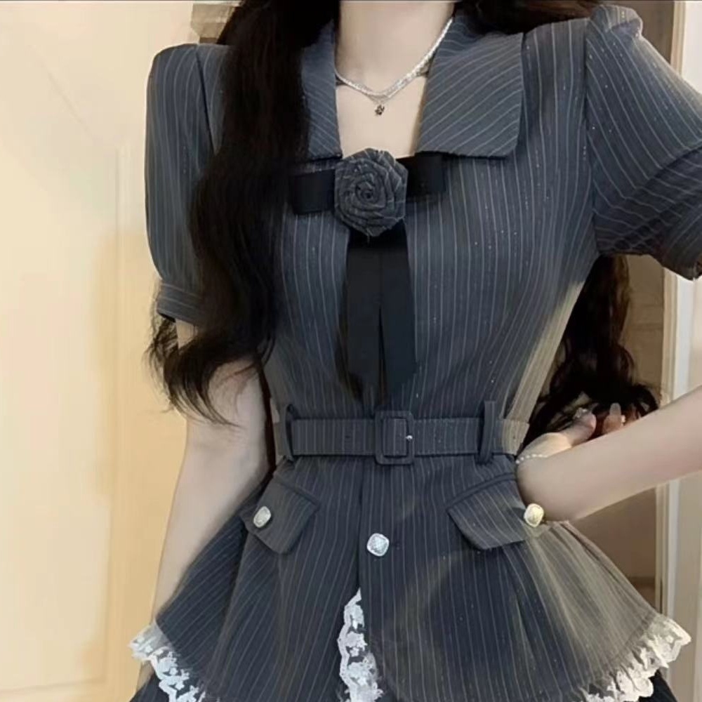 Set Áo Sơ Mi Tay Ngắn Kẻ Sọc Ôm Dáng + Chân Váy Ngắn Thời Trang Hè 2023 Cho Nữ