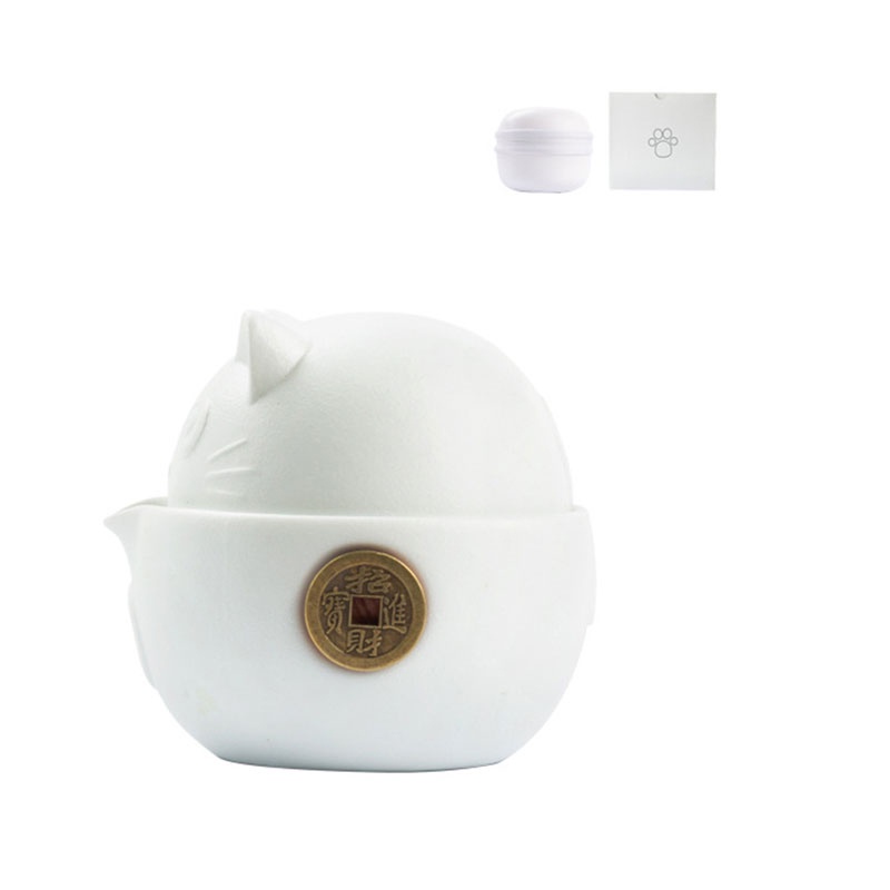 Bộ Ấm Trà Bằng Sứ Hình Mèo Dễ Thương Kèm Túi Đựng Tiện Dụng Mang Theo Du Lịch / Văn Phòng